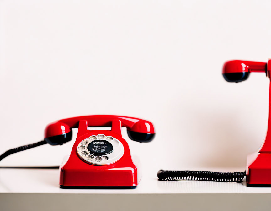 Vintage Red Rotary Dial Telephone with Receiver Off Hook on White Surface