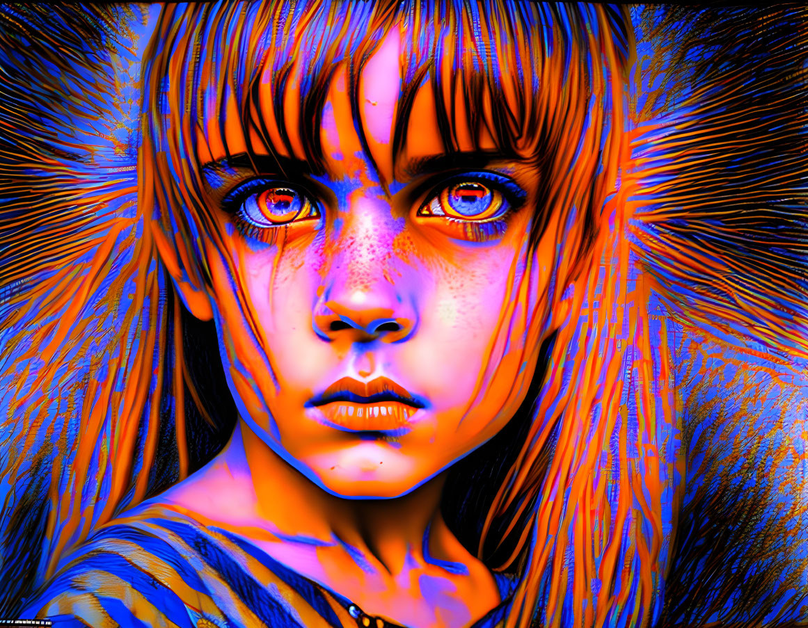 Colorful digital art: young girl with blue eyes, orange and blue fractal patterns