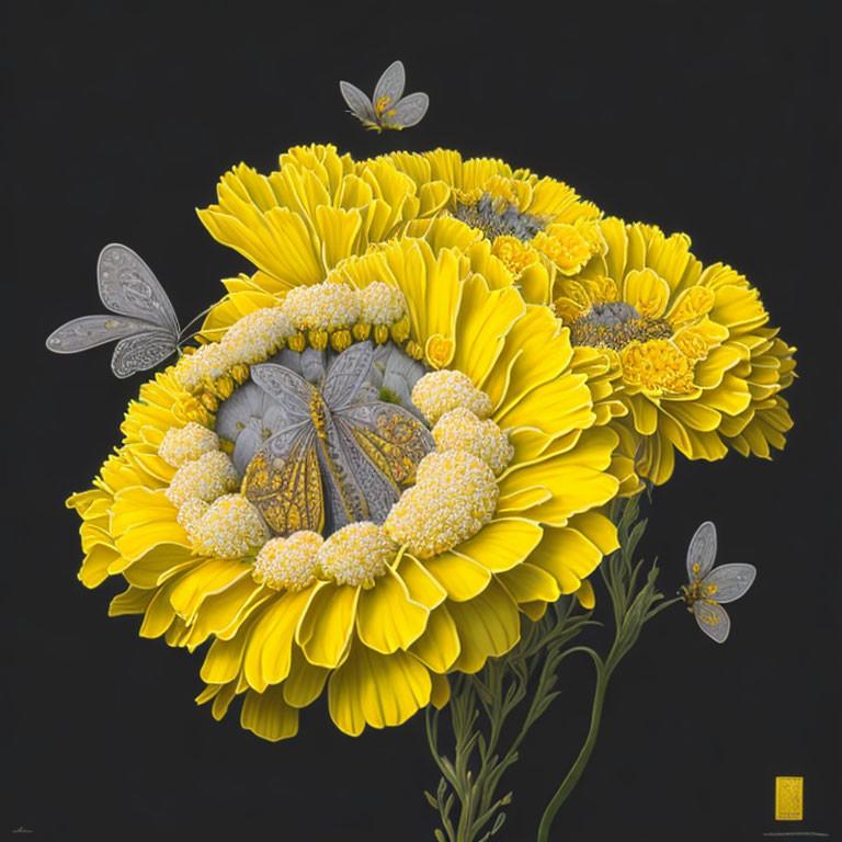 Detailed digital artwork: Yellow marigold blossoms and butterflies on dark background