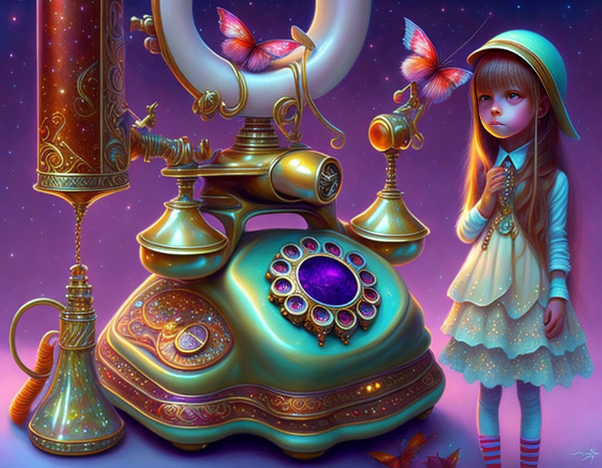 Young girl in blue dress next to vintage telephone with butterflies in mystical purple glow