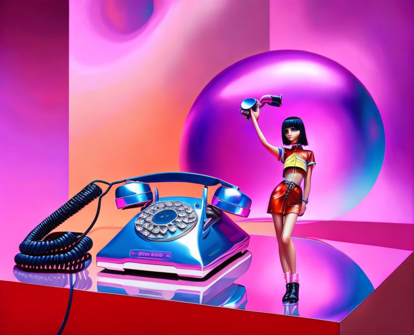 Futuristic woman with hairdryer and retro telephone in colorful 3D illustration