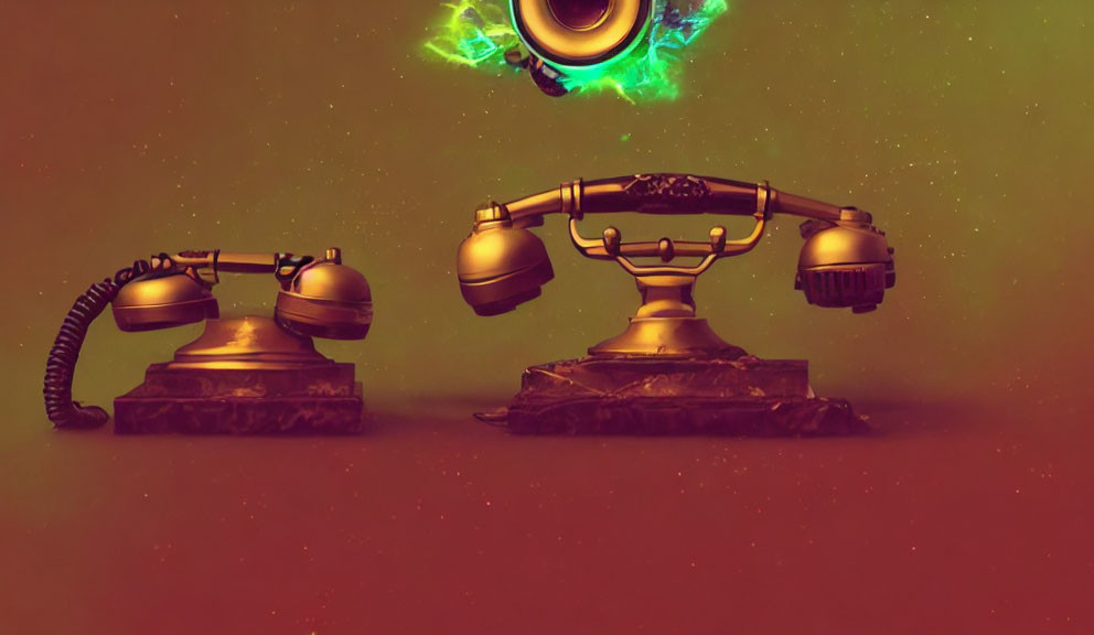 Vintage Telephones with Glowing Green Anomaly on Warm-Toned Background