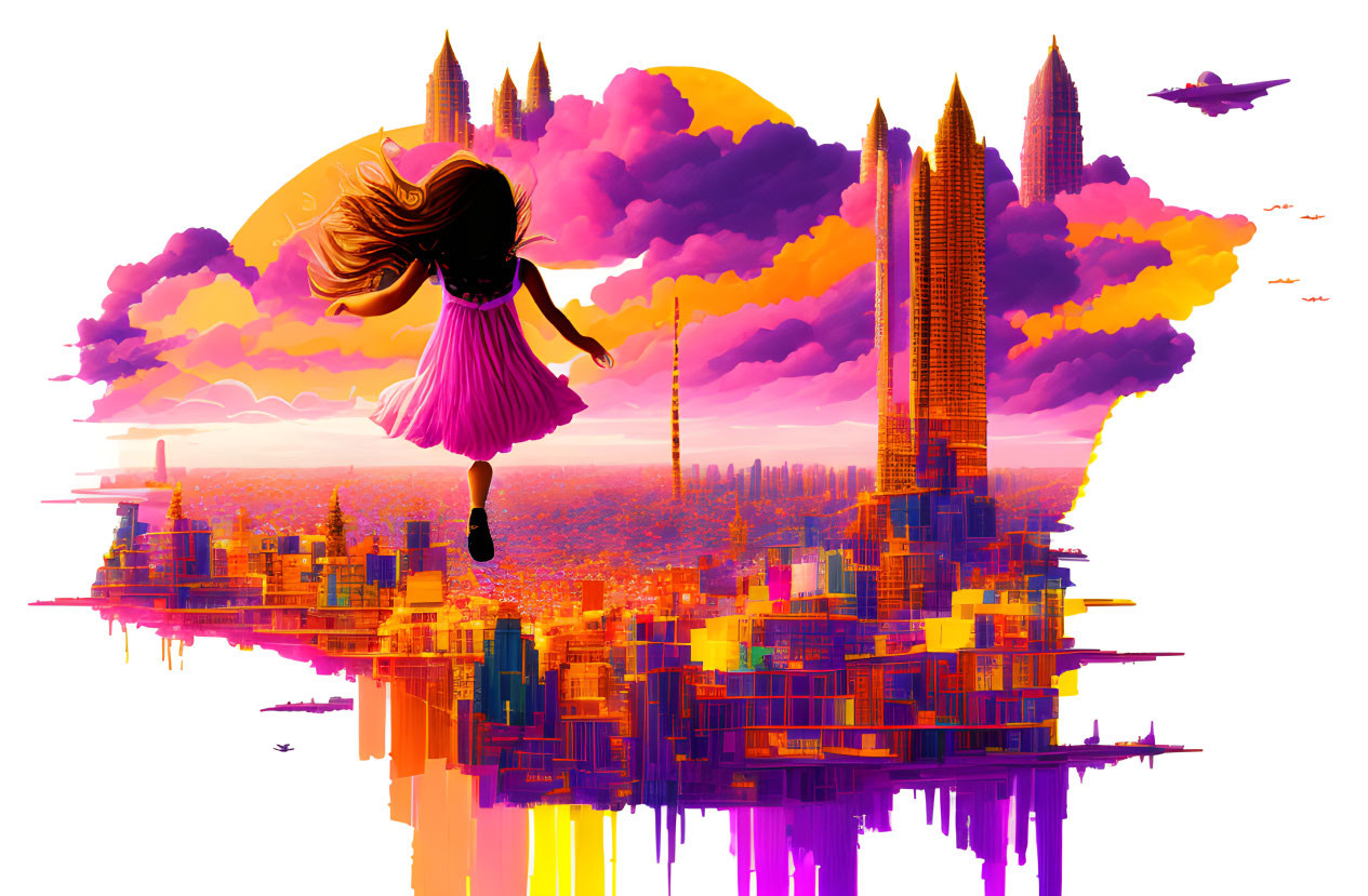 Floating girl in flowing dress and umbrella above vibrant futuristic cityscape