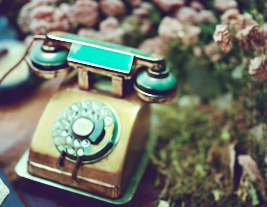 Vintage Telephone with Green Accents on Blurry Floral Background