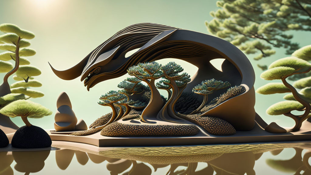 Dragon sculpture with tree-shaped scales in serene landscape with bonsai trees