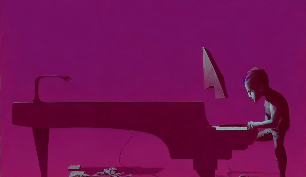 Child playing grand piano in vibrant purple room with flying music score and shoes on floor