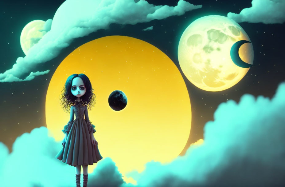 Illustration of girl on cloud with surreal sky featuring two moons and sun