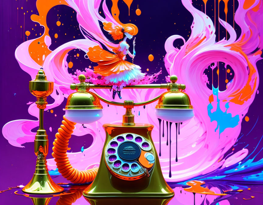 Colorful Surrealist Artwork: Green Rotary Phone with Liquid Splashes and Winged Figure