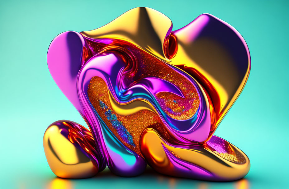 Colorful Abstract 3D Render: Flowing Shapes in Purple, Gold, and Orange