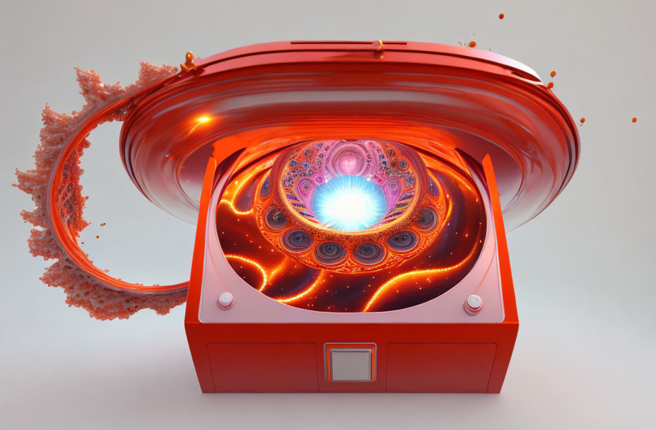 Futuristic red device with glowing blue core and dynamic orange elements