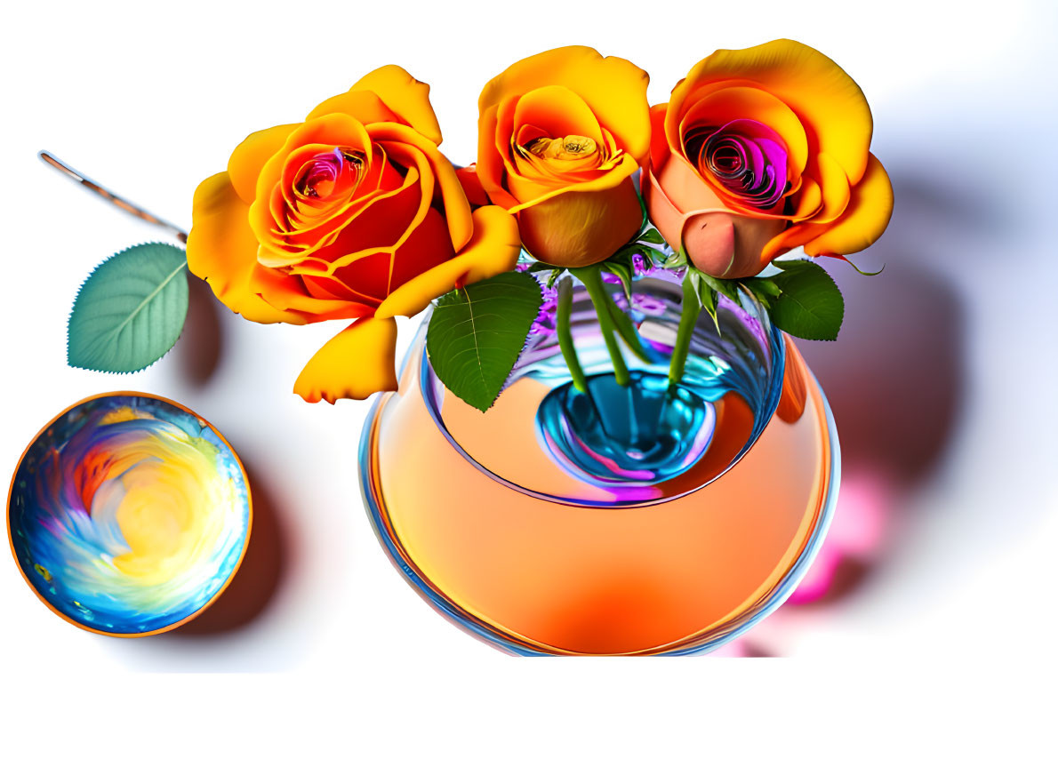 Bright orange-yellow roses in reflective glass vase with painterly swirl design on small dish, against softly lit