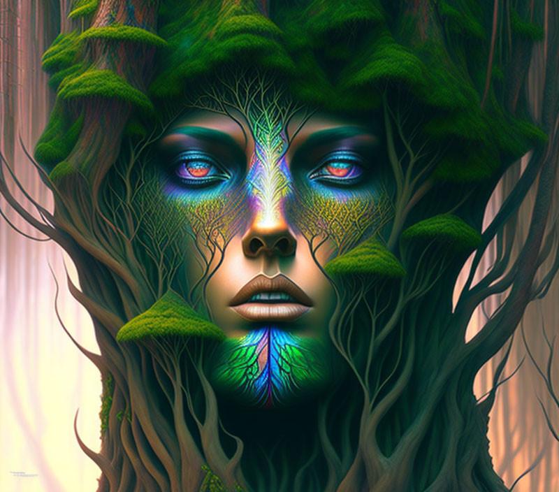 Fantastical female face with vibrant blue eyes and tree-like features