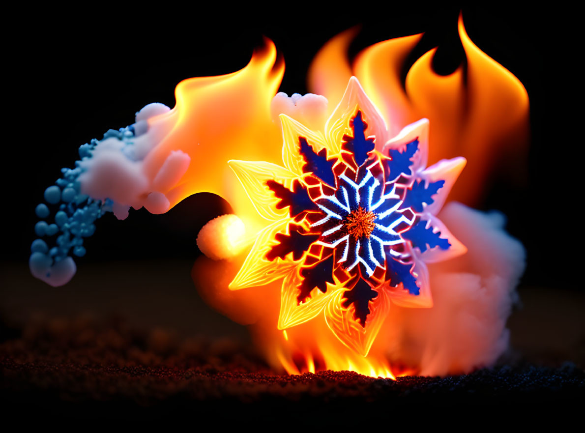 Flaming snowflake shape on dark background