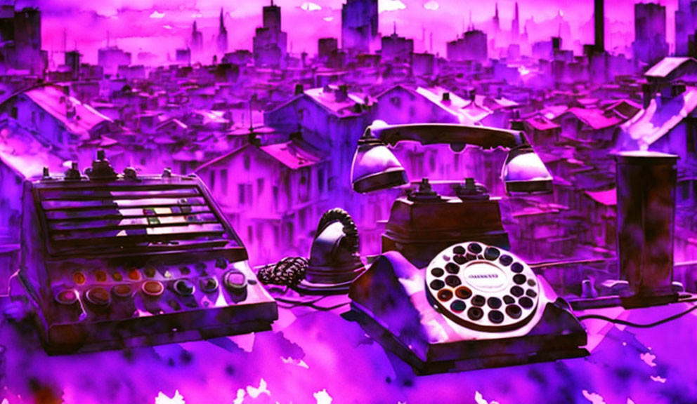 Colorful Vintage Telephones & Switchboard Illustration on Cityscape Background