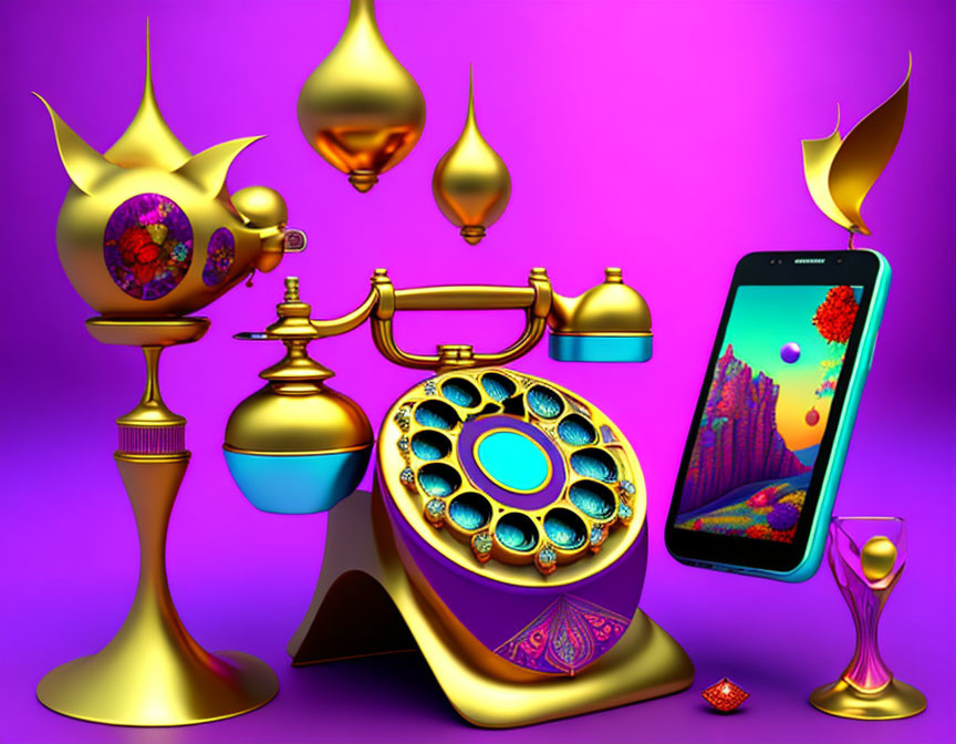 Colorful digital artwork: Retro telephone and modern smartphone contrast on purple backdrop.