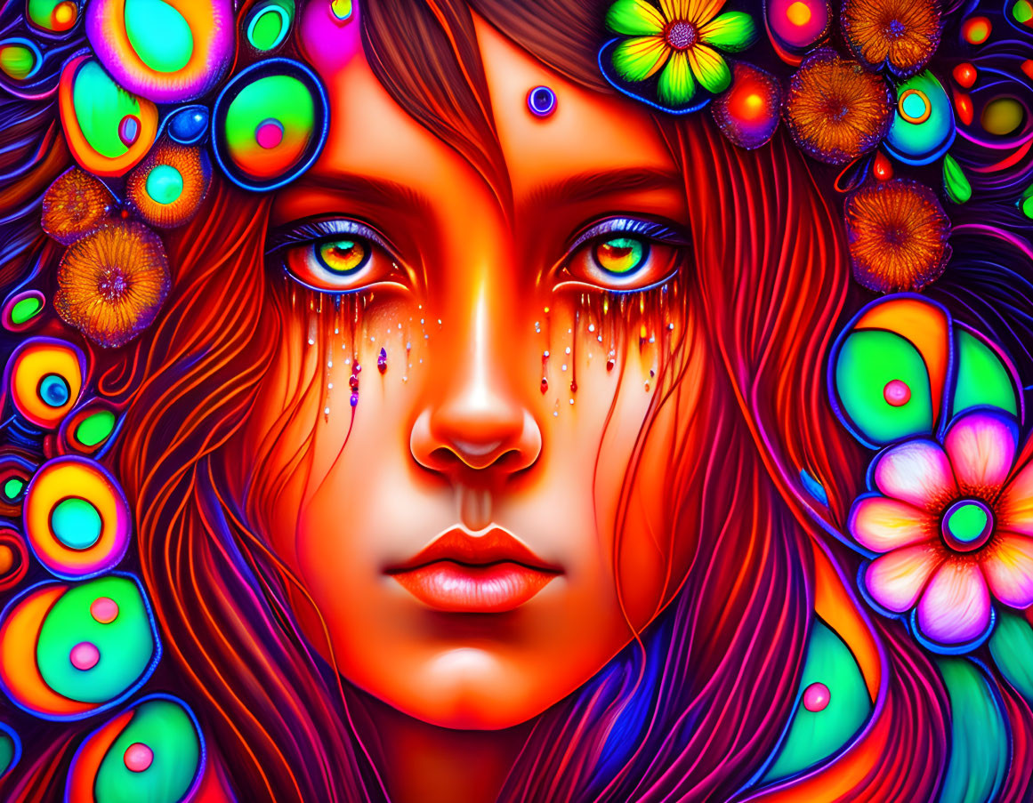 Colorful digital art: Woman's face with psychedelic patterns and flowers