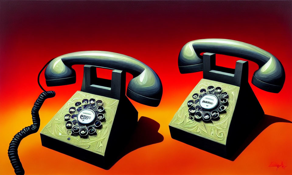 Vintage Rotary Telephones with Off-Hook Receivers on Orange-Red Gradient Background