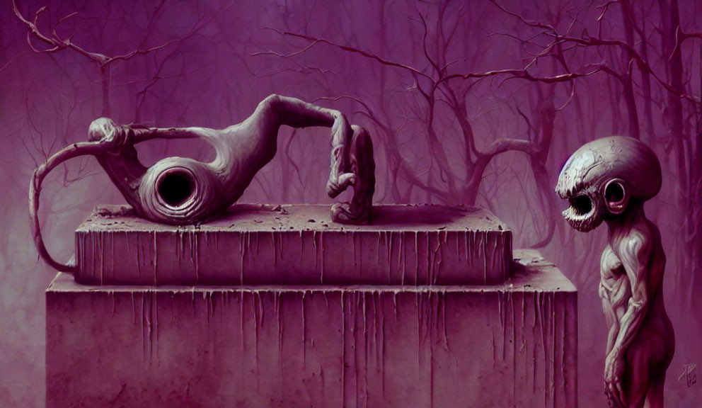 Surreal alien-like creatures in misty purple landscape