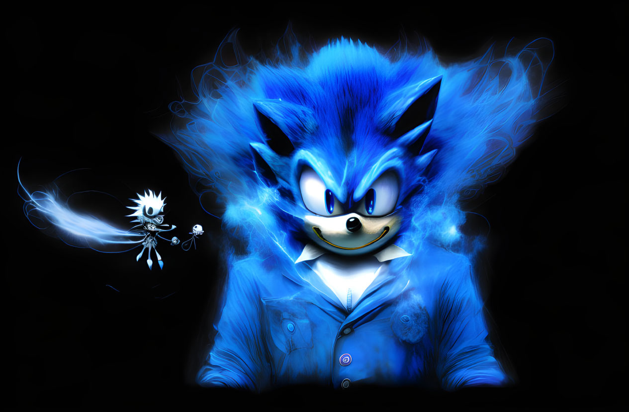 Blue glowing character with energy aura on dark background