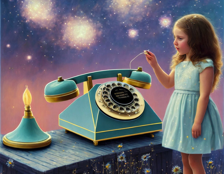 Young girl in blue dress with cosmic background and vintage phone receiver next to antique telephone and oil lamp