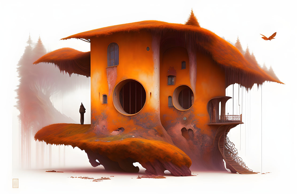 Whimsical orange house in misty forest with circular windows and spiral staircase