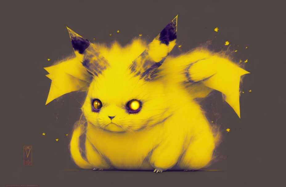 Chubby Pikachu with Glowing Eyes on Gray Background