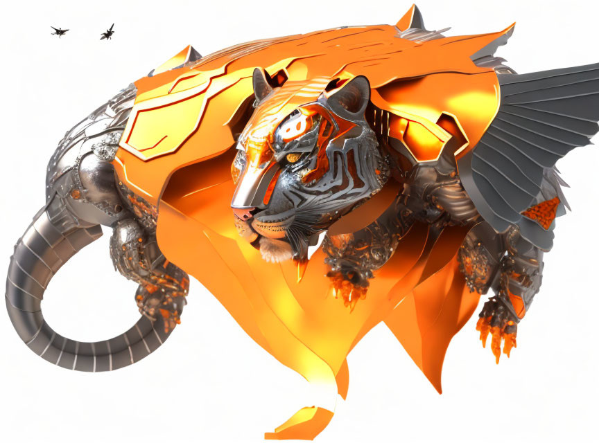 Mechanical tiger with wings and fiery armor on white background.