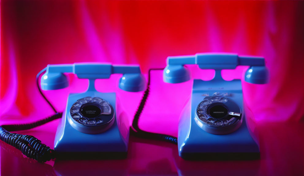 Vintage Blue Rotary Phones Illuminated by Neon Lights