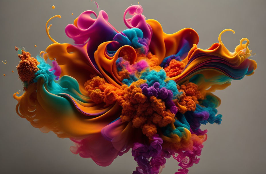 Colorful liquid explosion with orange particles on neutral background