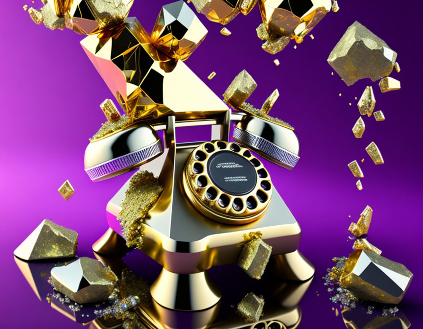 Vintage Telephone with Golden Accents on Vibrant Purple Background