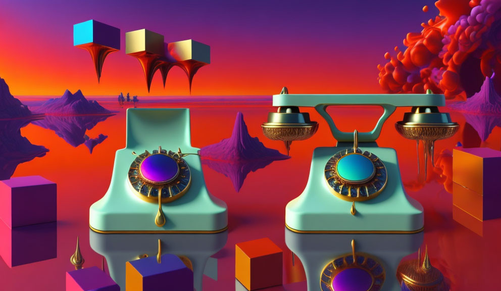 Vintage phone, geometric shapes, mountains in surreal sunset scene