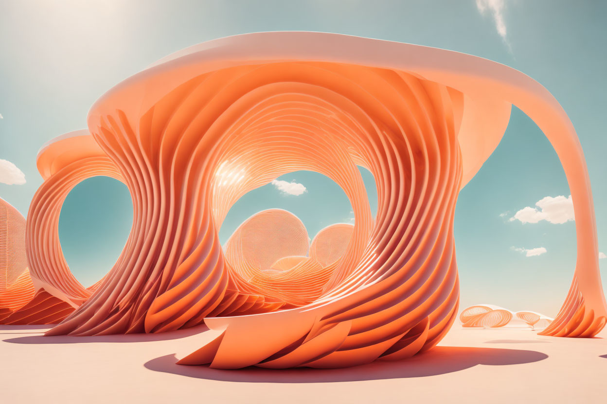 Orange Abstract Sculpture with Flowing Ribbon-like Structures in Blue Sky