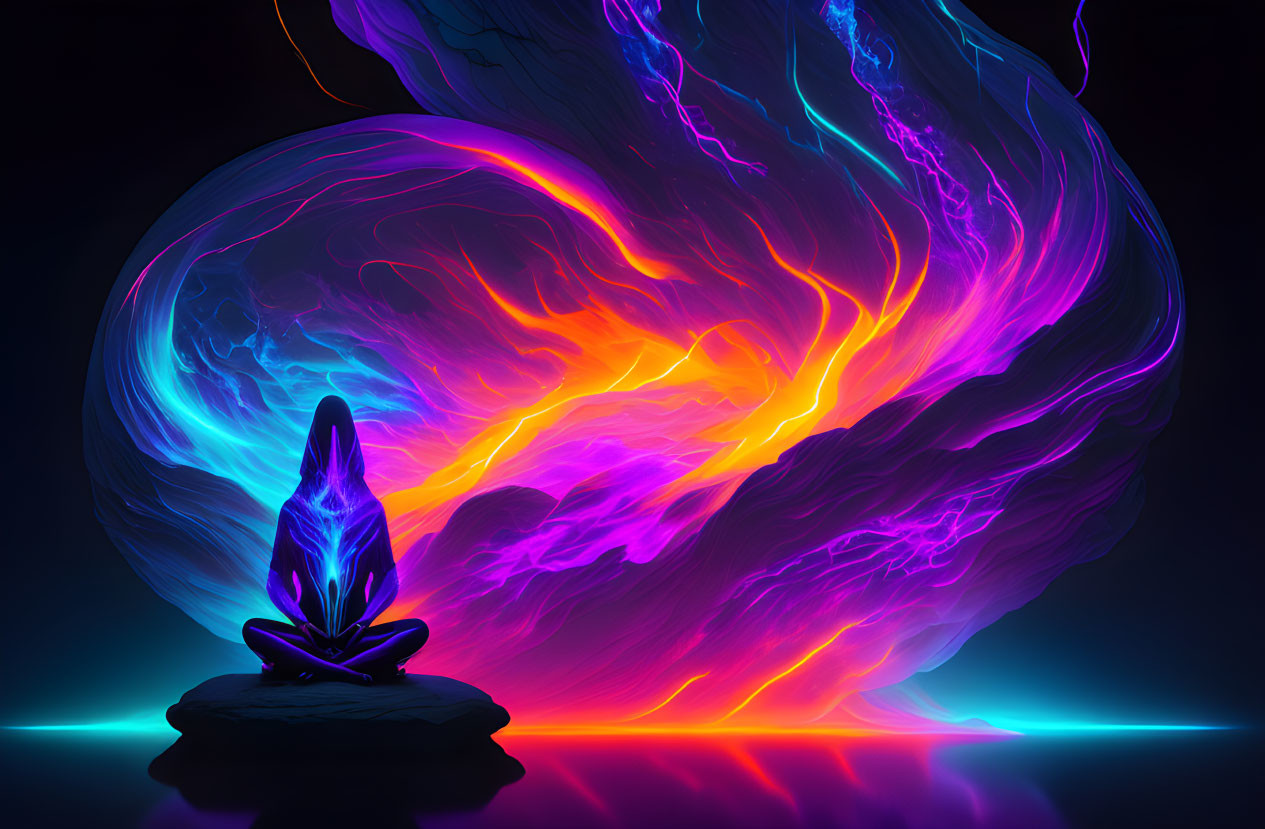 Digital artwork: Meditating figure in neon energy waves