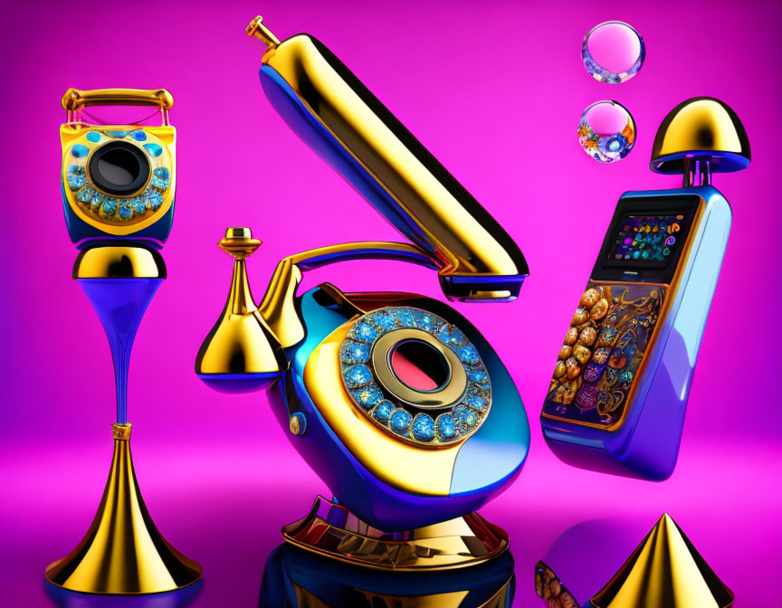 Luxurious Gold and Blue Objects in Vibrant 3D Illustration