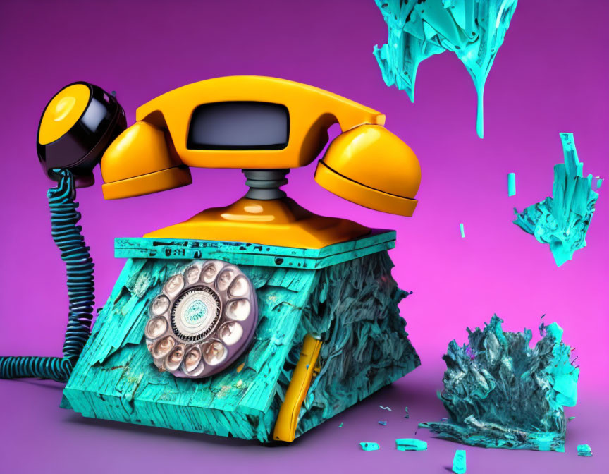 Colorful surreal image: Vintage teal rotary phone on crushed cube against purple background