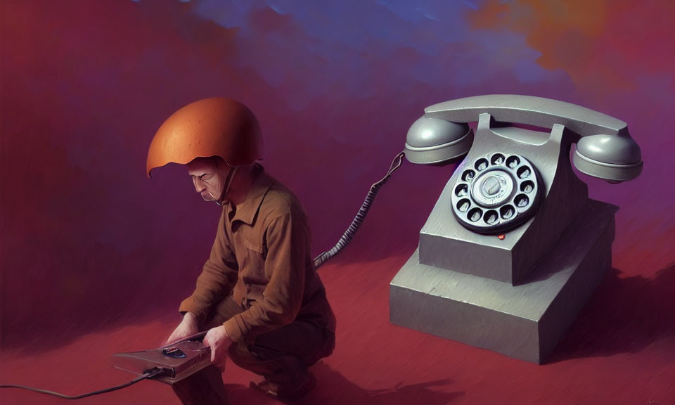 Person in Orange Helmet with Clipboard Beside Vintage Rotary Phone