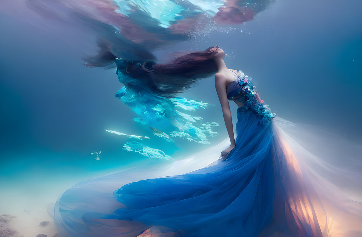 Person in blue dress underwater with billowing hair and fabric.