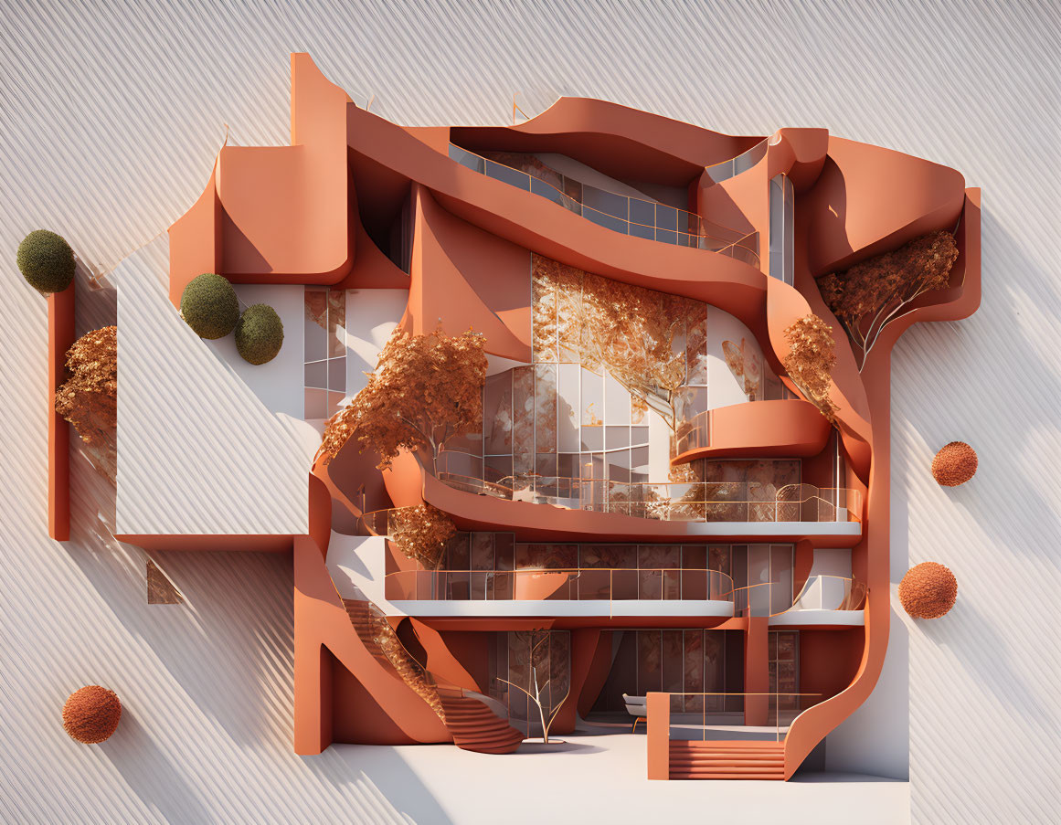 Abstract modern architecture with terracotta hues, curved balconies, glass windows, autumnal trees