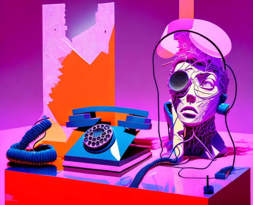 Colorful art installation with purple telephone, coiled cords, and stylized face sculpture.