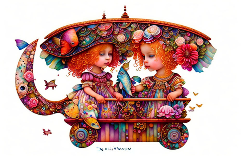 Whimsical girls in ornate fish-shaped carriage in fantasy setting