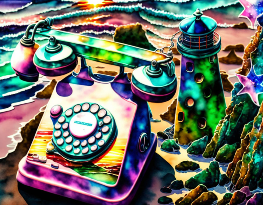 Colorful Vintage Telephone Illustration with Space Theme