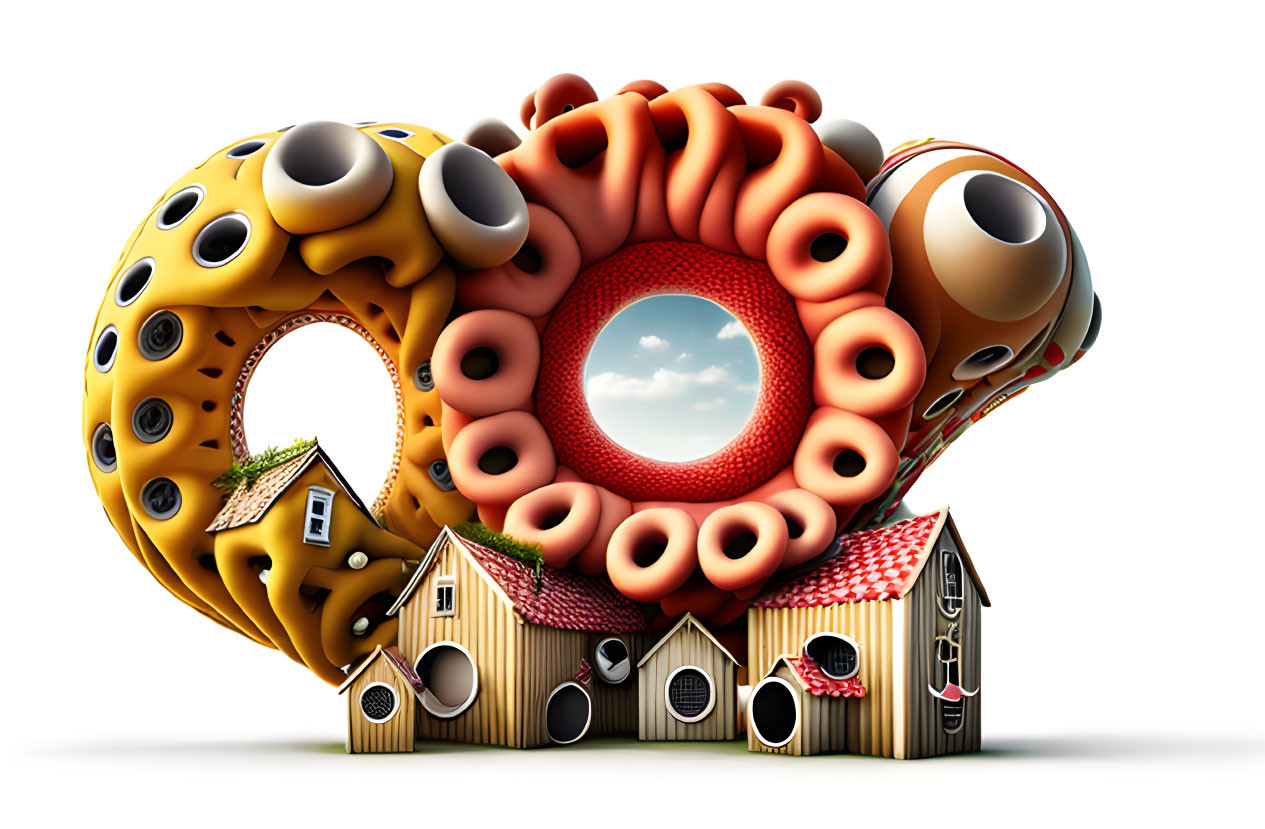 Whimsical 3D illustration of sea creatures and houses with octopus-doughnut creature