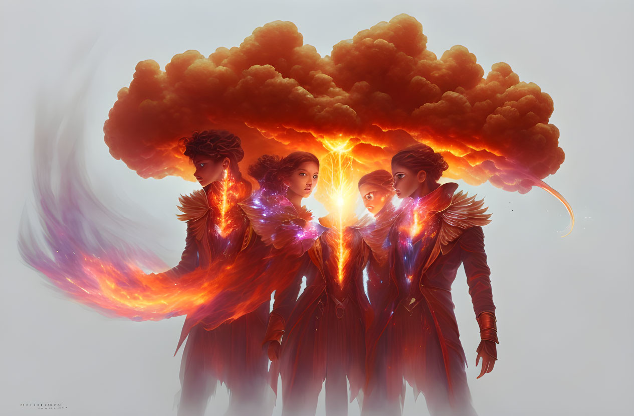 Ethereal figures with fiery wings united around a glowing orb