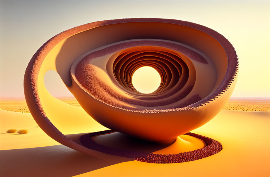 Surreal 3D-rendered infinite tunnel in desert sunset ambiance