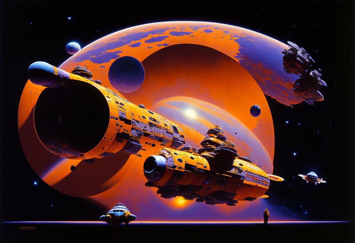 Large spacecrafts orbiting an orange planet in a futuristic space scene