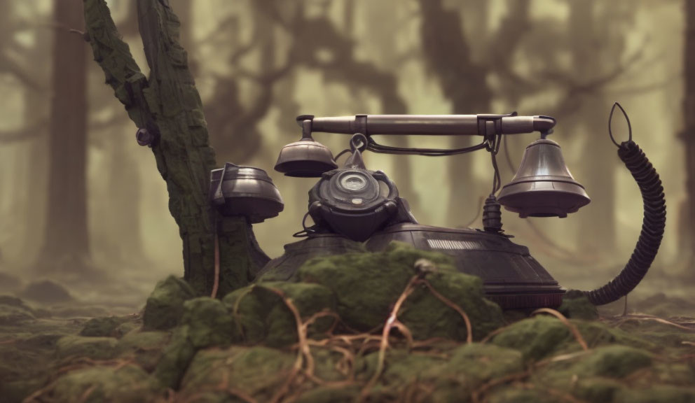 Vintage black rotary phone on mossy forest floor in foggy setting