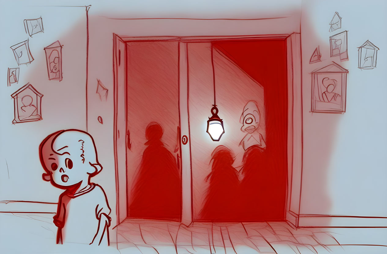 Child observing silhouettes through red doorway with lantern and pictures.