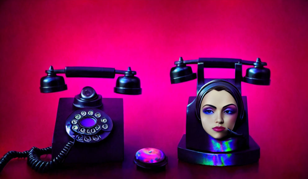 Vintage black rotary dial telephone and futuristic headpiece on red backdrop.