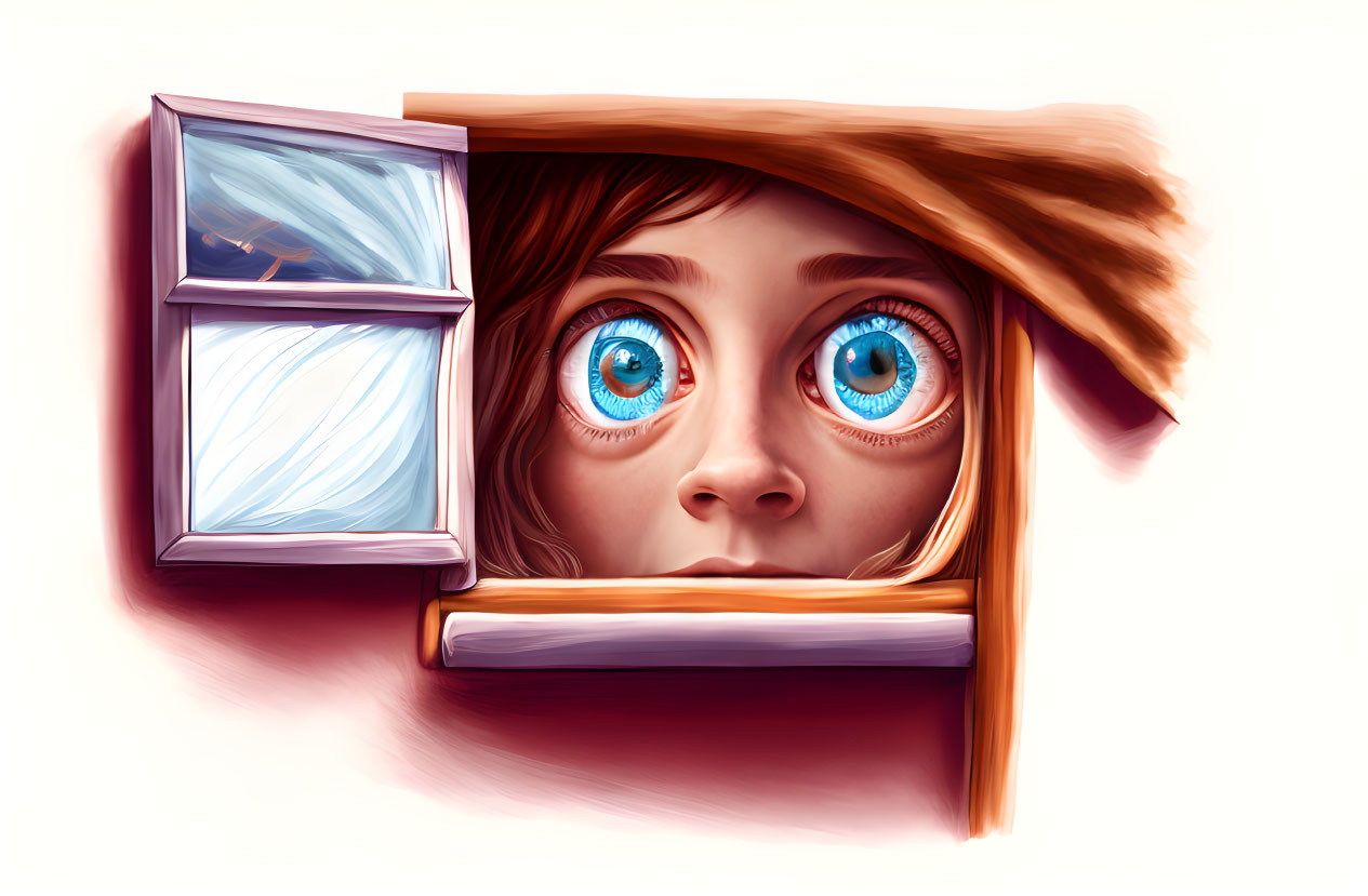 Surprised female with big blue eyes at animated open window