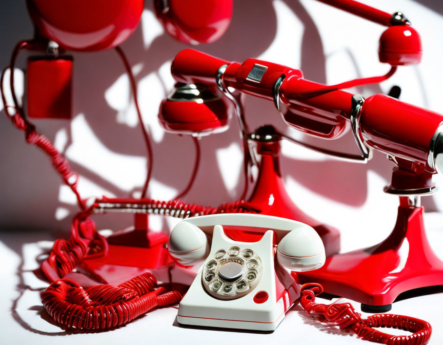 Multiple red rotary dial telephones with tangled cords under strong shadow-casting light.